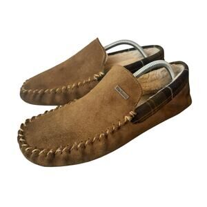 Barbour Men's Monty moccasin slippers tan suede tartan trim shearling lining